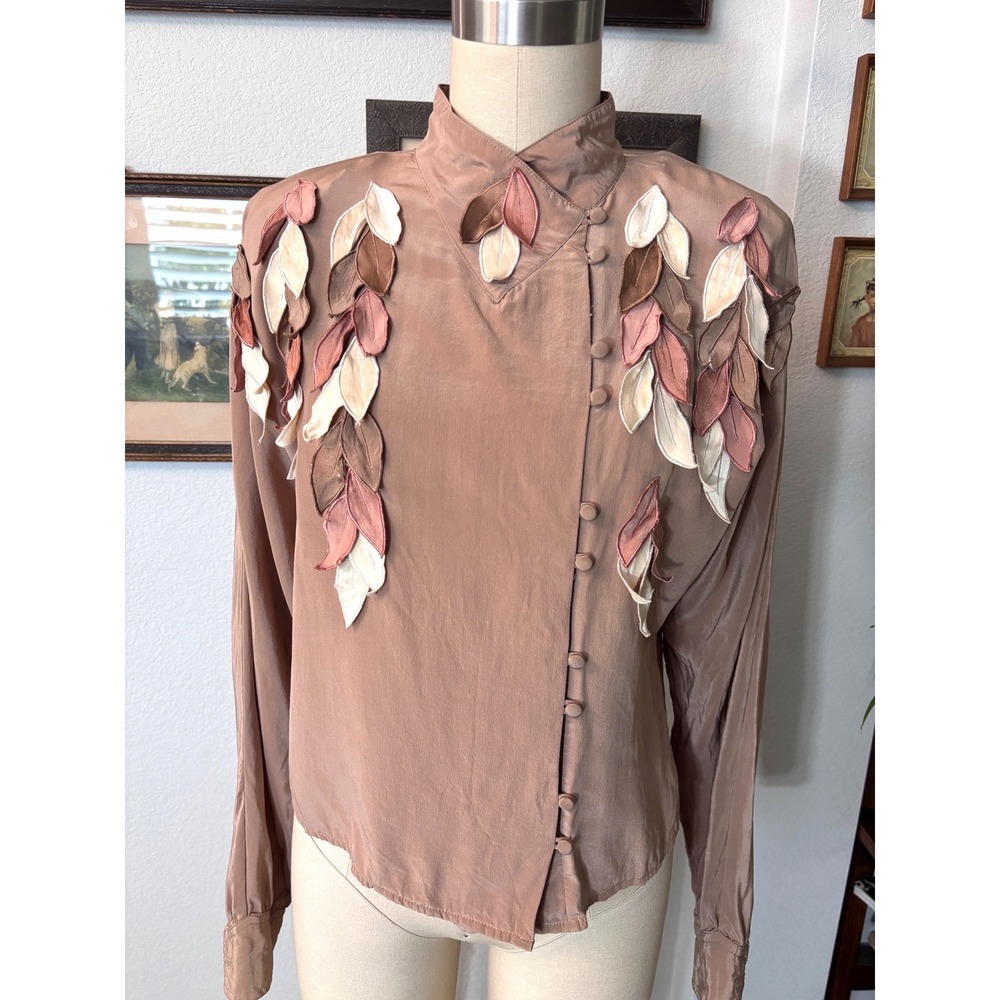 Vintage Belle Femme by Sandra Trout Silk Blouse 3D Leaf Applique Taupe Brown 6